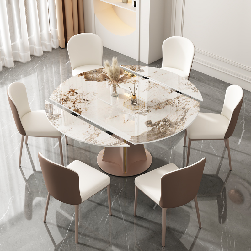 潘多拉岩板餐桌意式轻奢家用小户型旋转可伸缩多功能折叠可变圆桌