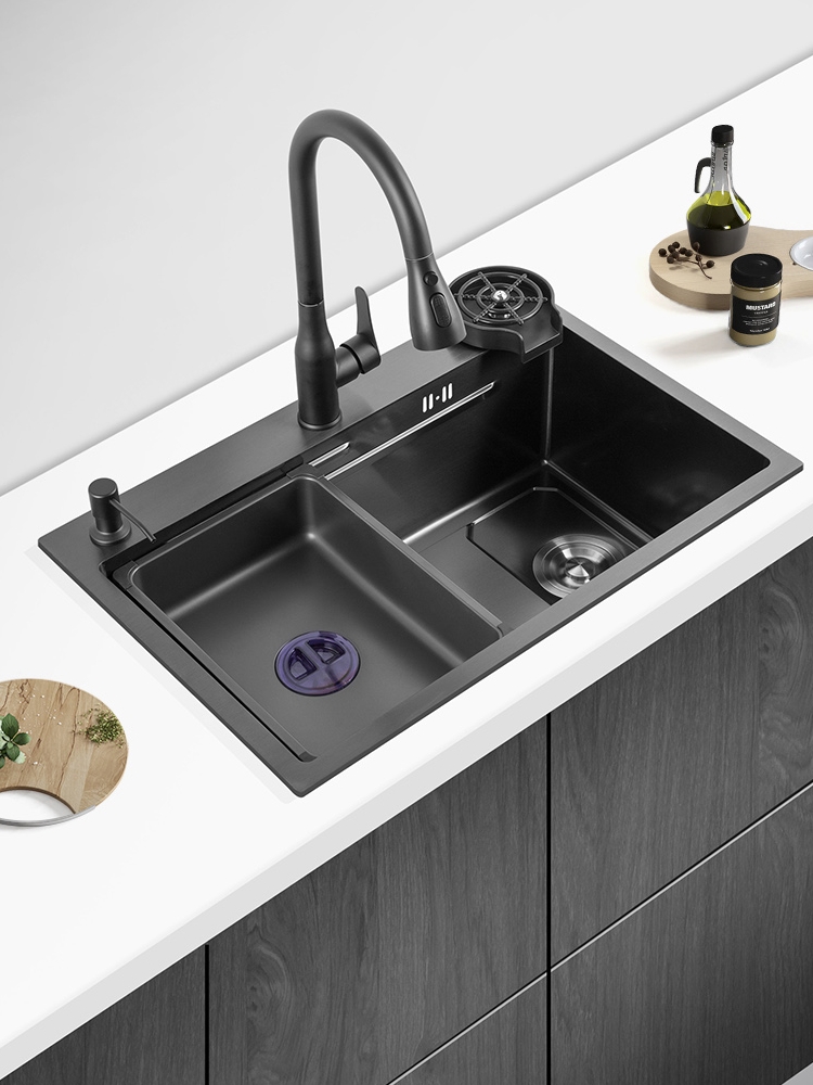 黑色304不锈钢水槽纳米多功能洗杯厨房单槽台阶洗菜盆家用台下盆