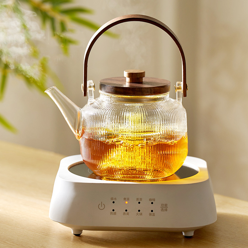 玻璃煮茶壶竖纹茶具套装电陶炉煮茶器下午围炉蒸泡白茶提梁烧水壶
