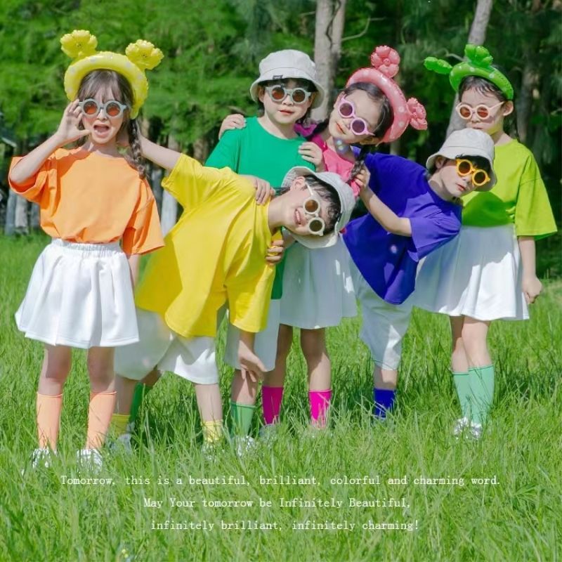 彩色儿童啦啦队演出幼儿园糖果色毕业照T恤小学生班运动会表演服