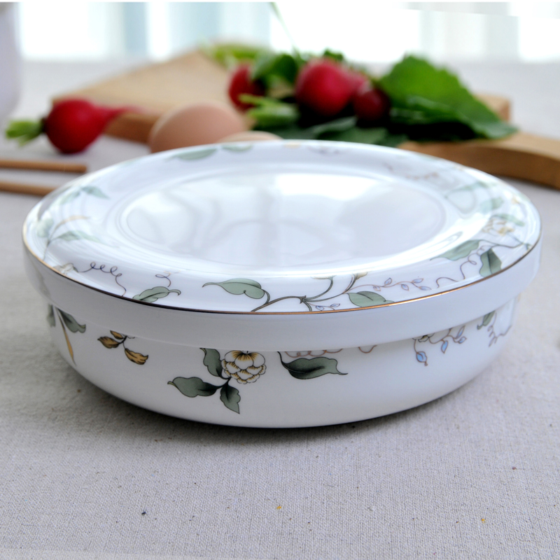 7英寸加深骨瓷盘子菜盘家用带盖陶瓷碗深盘汤盘汤碗蛋羹保鲜盖碗