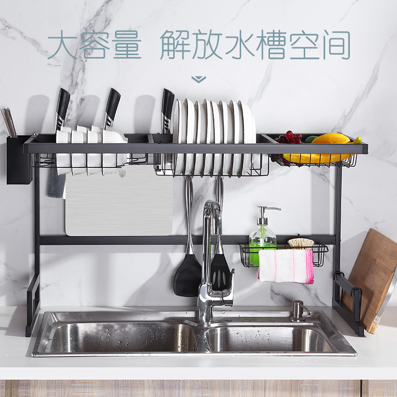 不锈钢黑色厨房水槽置物架 多功能碗篮沥水架 刀架配筷子筒收纳架