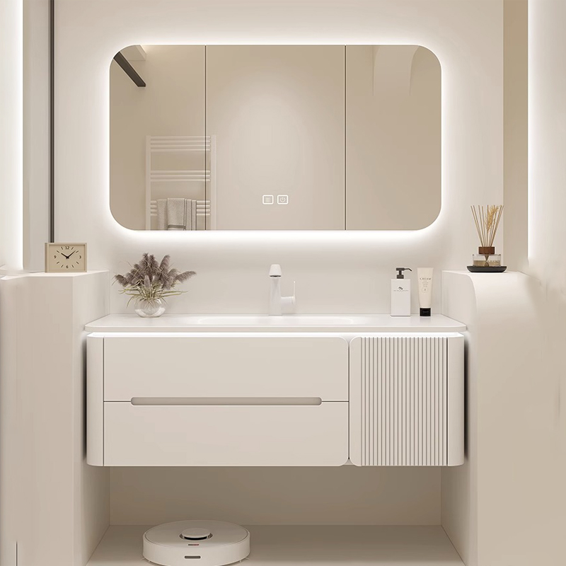 新款智能圆角浴室柜陶瓷一体盆卫生间橡木洗手盆洗漱台镜柜卫浴柜