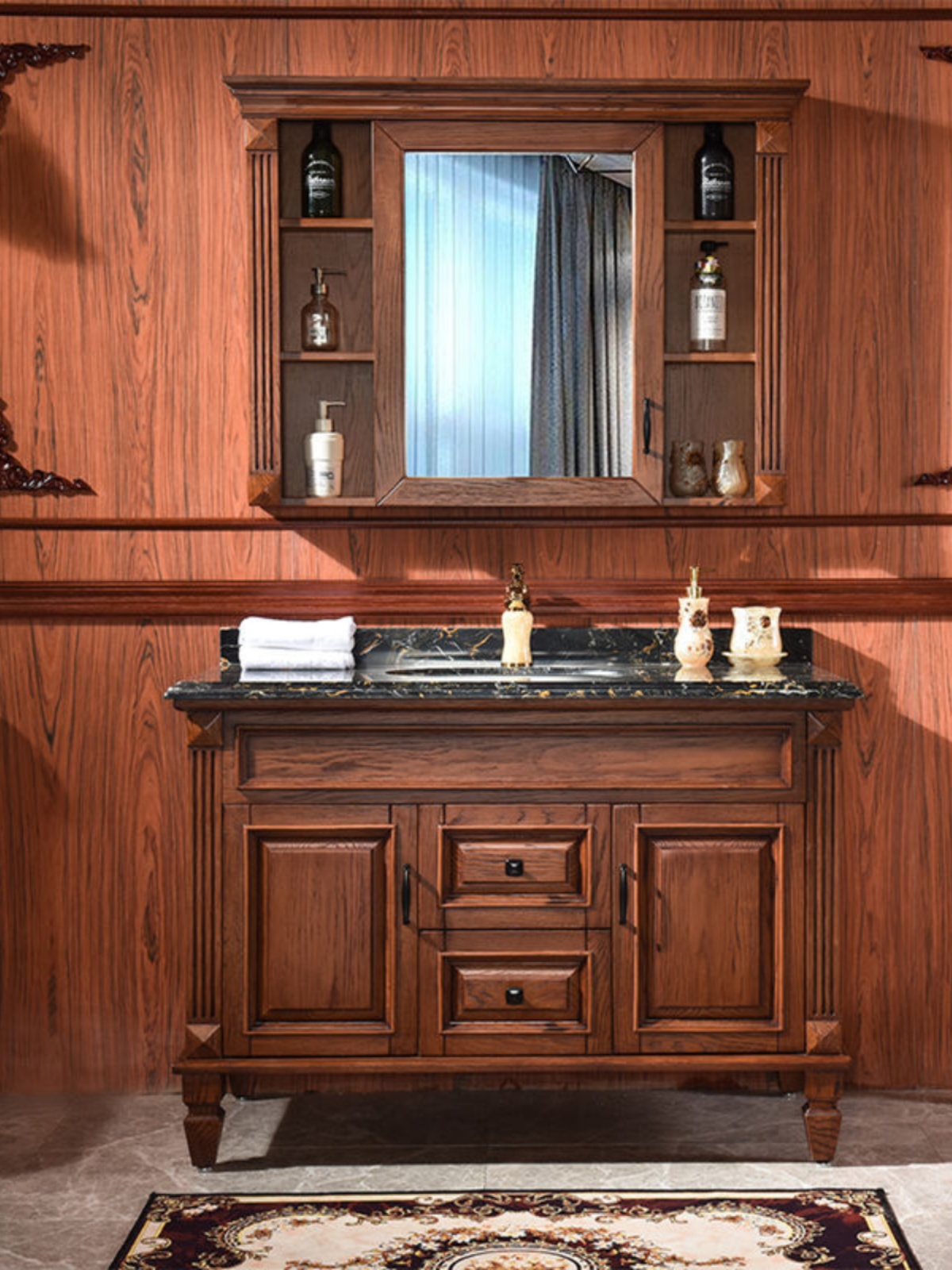 美式浴室柜组合卫浴实木洗漱台洗脸盆洗手池岩板落地式橡木大理石