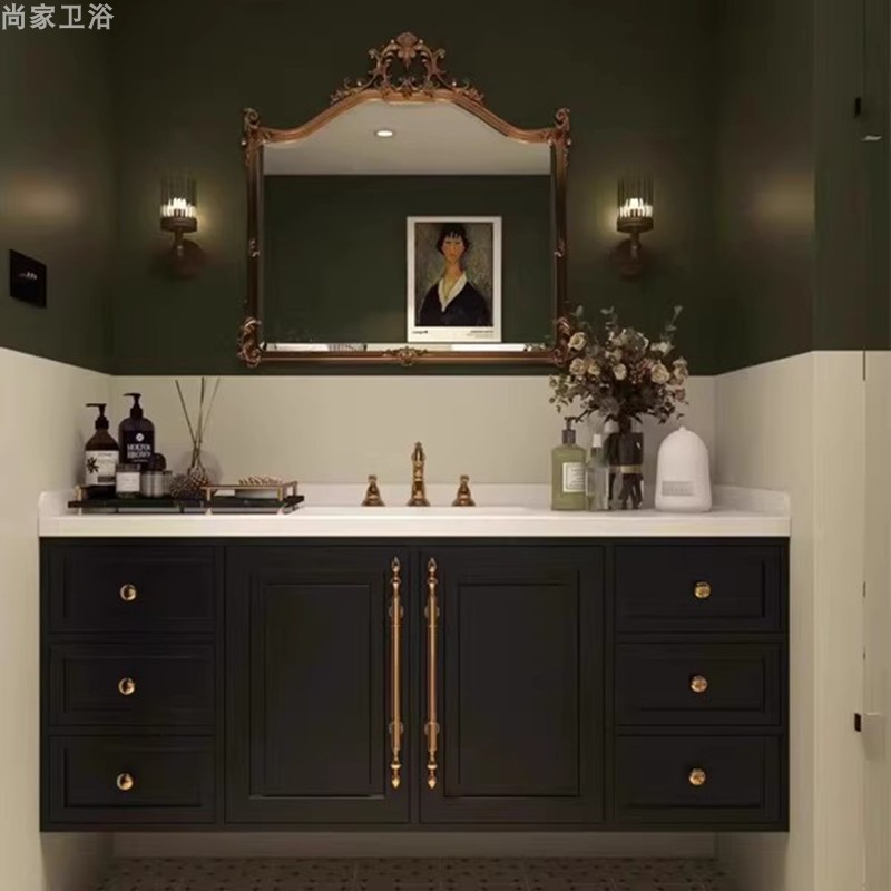 法式复古岩板浴室柜组合美式轻奢黑色实木卫浴柜卫生间洗手洗漱台