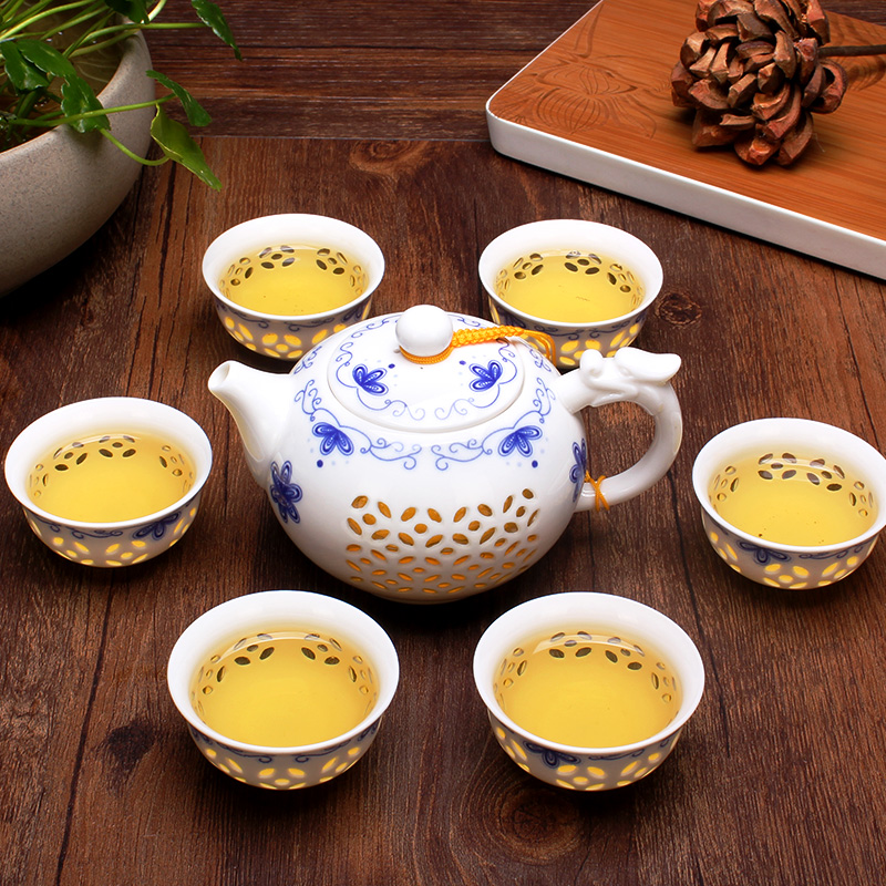 正品杰艺 青花瓷玲珑茶具套装 陶瓷整套功夫茶具蜂窝镂空茶壶茶杯