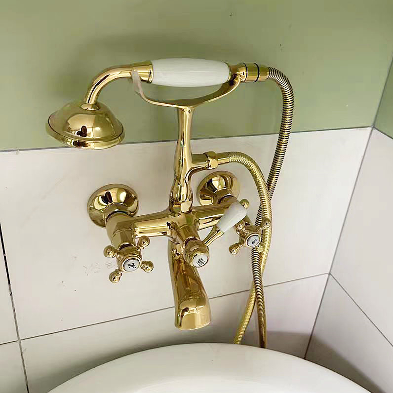 固定轻奢简易双控挂墙式黄铜淋浴花洒冷热金色独立式缸边浴缸龙头