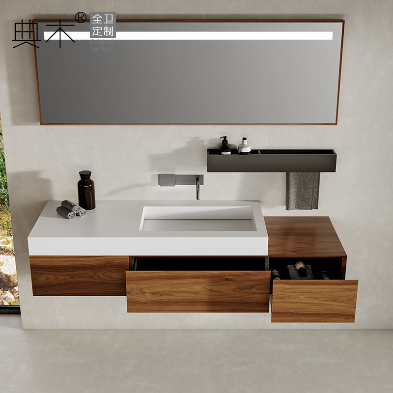定制岩板卫浴柜简美挂墙新中式北欧风格实木洗脸盆柜卫生间洗漱台
