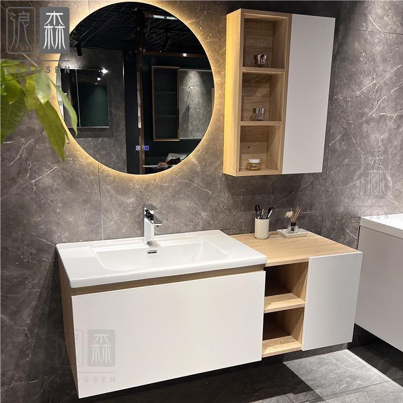 新款日式原木风陶瓷一体盆浴室柜组合洗脸盆柜吊柜卫生间洗手漱台
