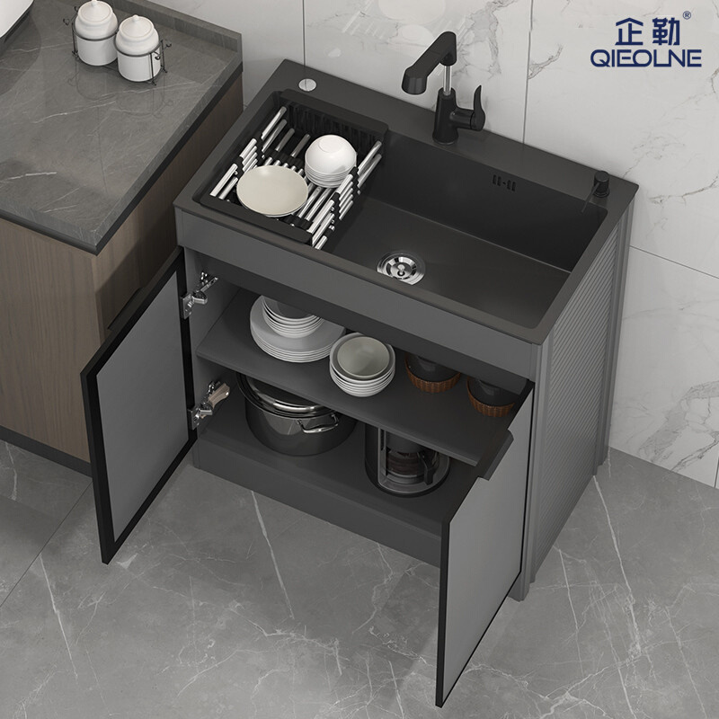 不锈钢户外水槽大洗碗池厨房洗菜盆一体柜黑色家用落地式橱柜水池