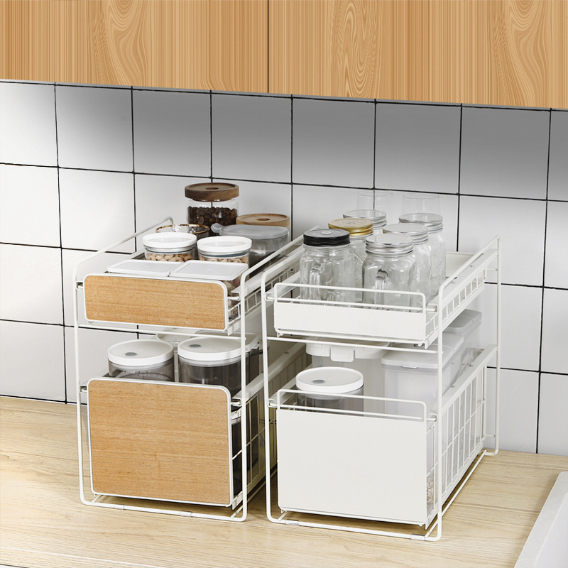 厨房下水槽置物架抽拉式调料整理家用伸缩橱柜下储物架分层收纳架