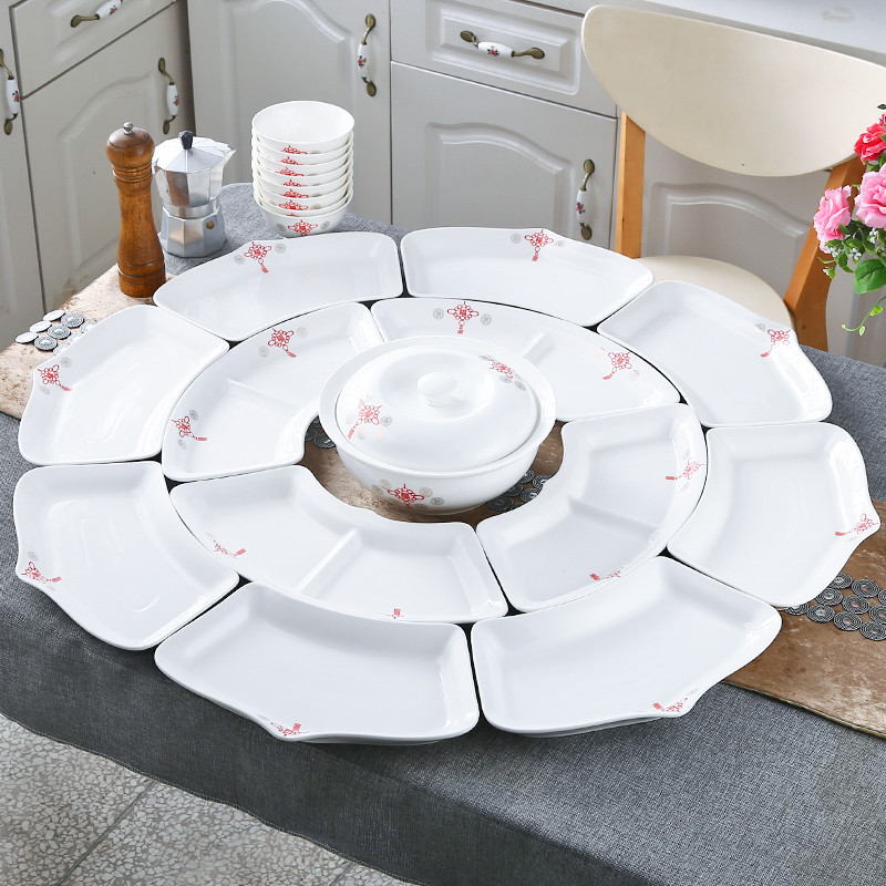 陶瓷拼盘组合家用餐具套装菜盘汤盘圆桌双层鱼盘中式过年盘子团圆