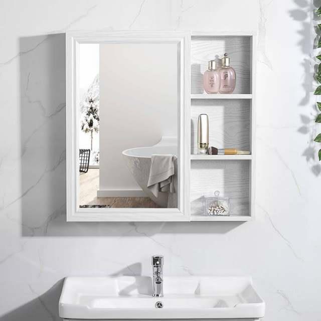 卫生间镜子带置物架一体洗脸盆上的挂墙储物浴室柜防水防潮太空铝
