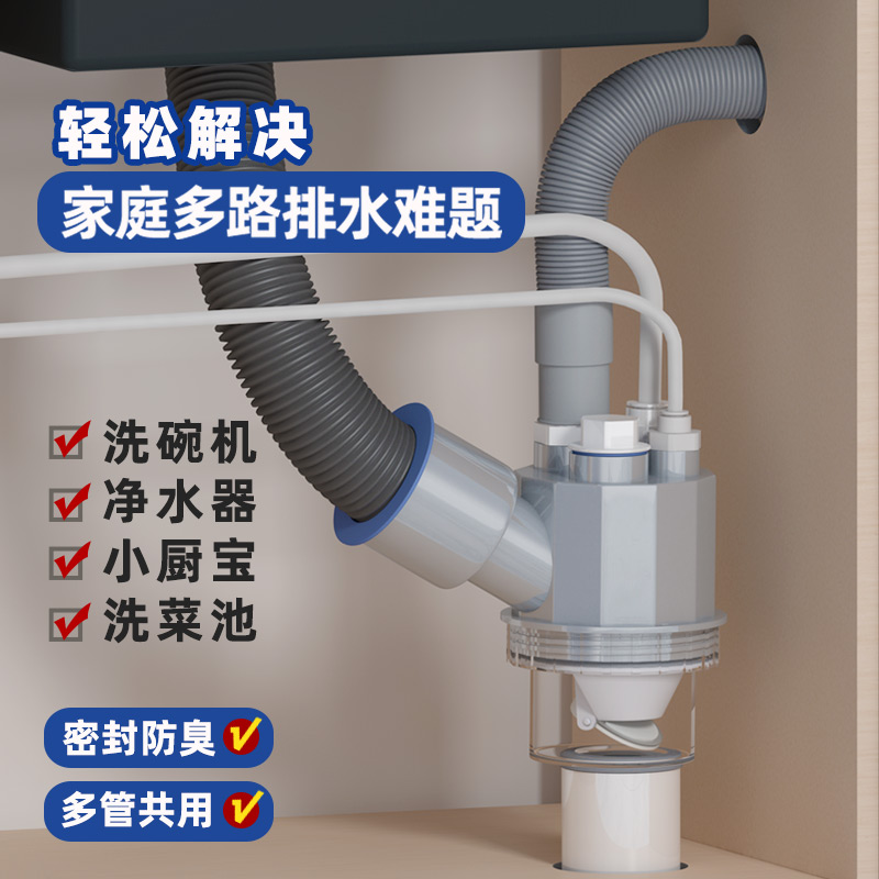 厨房下水管三通水槽洗碗机净水器排水管下水道分水器防臭接头神器