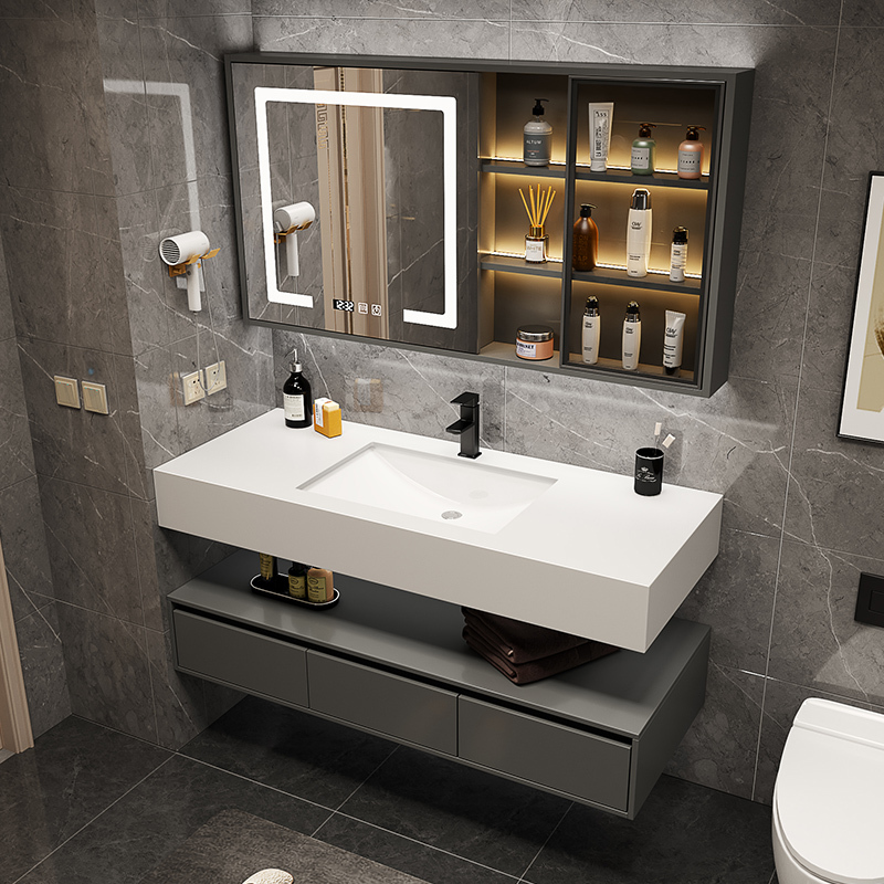 卫生间实木浴室柜组合现代简约纯白岩板一体盆洗漱台洗脸盆卫浴柜