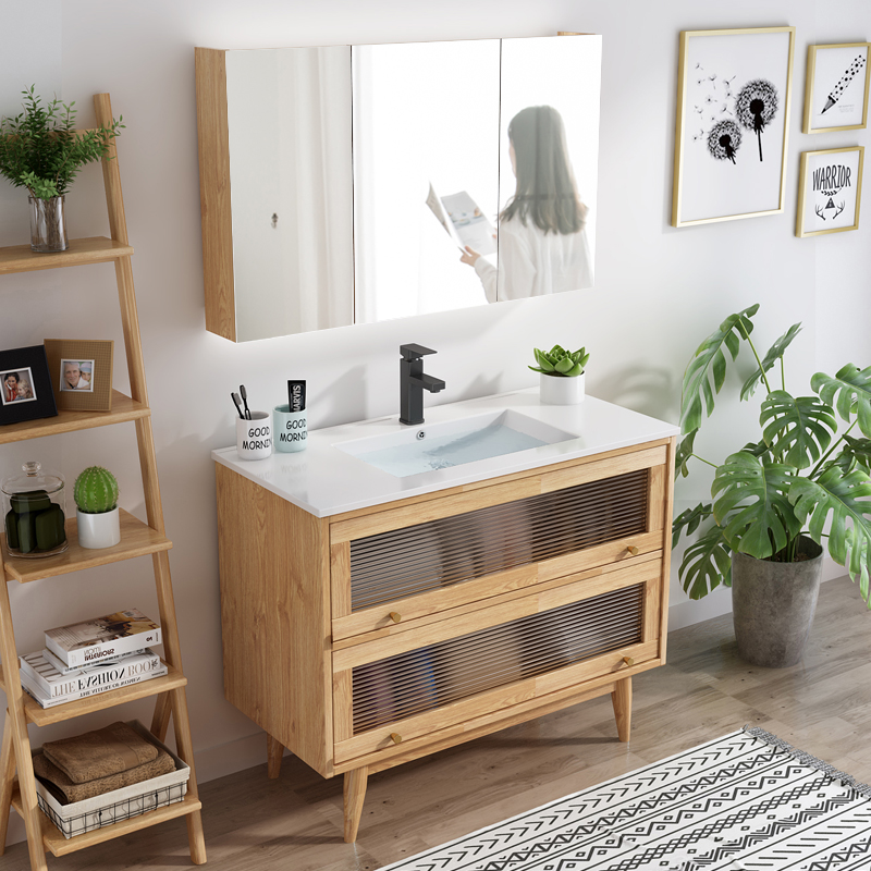 定制日式北欧现代简约实木浴室柜组合落地式洗脸洗手池洗漱台盆卫