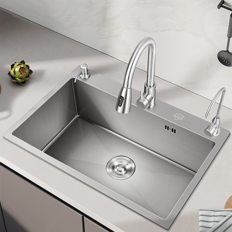 拉丝SUS304不锈钢手工水槽 单槽厨房台上台下洗碗池洗手盆加厚