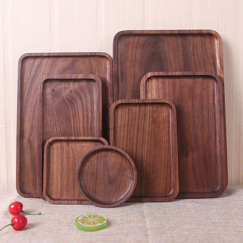 日式木质托盘 黑胡桃木长方形餐盘无漆整木盘 实木果盘零食点心盘