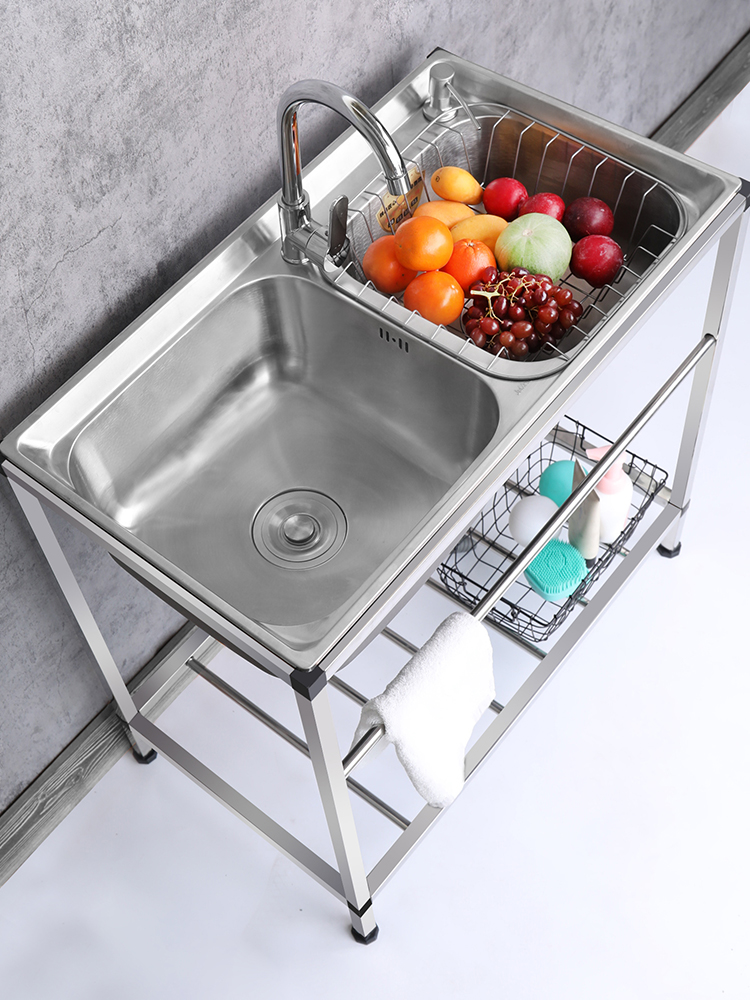 一体带不锈钢水槽单槽支架简易洗菜盆双槽家用厨房水池洗手盆加厚