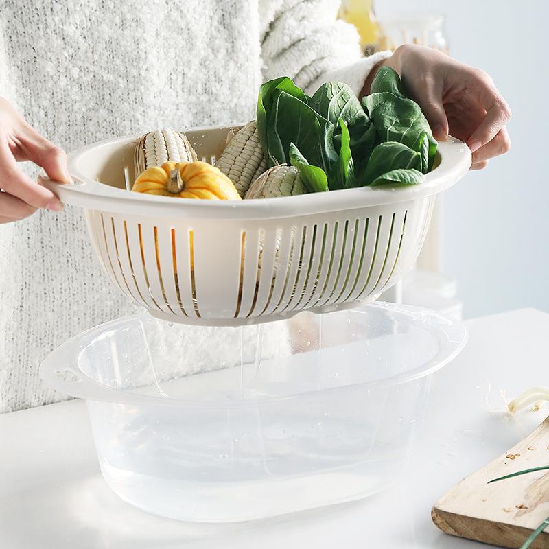 厨房双层洗菜盆带盖果蔬水槽沥水篮大号塑料加厚收纳篮方形家用