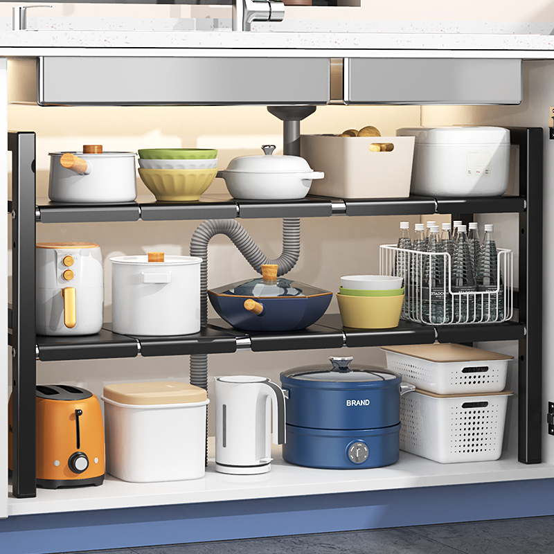 厨房下水槽置物架可伸缩橱柜分层多功能下水道柜子收纳架落地多层