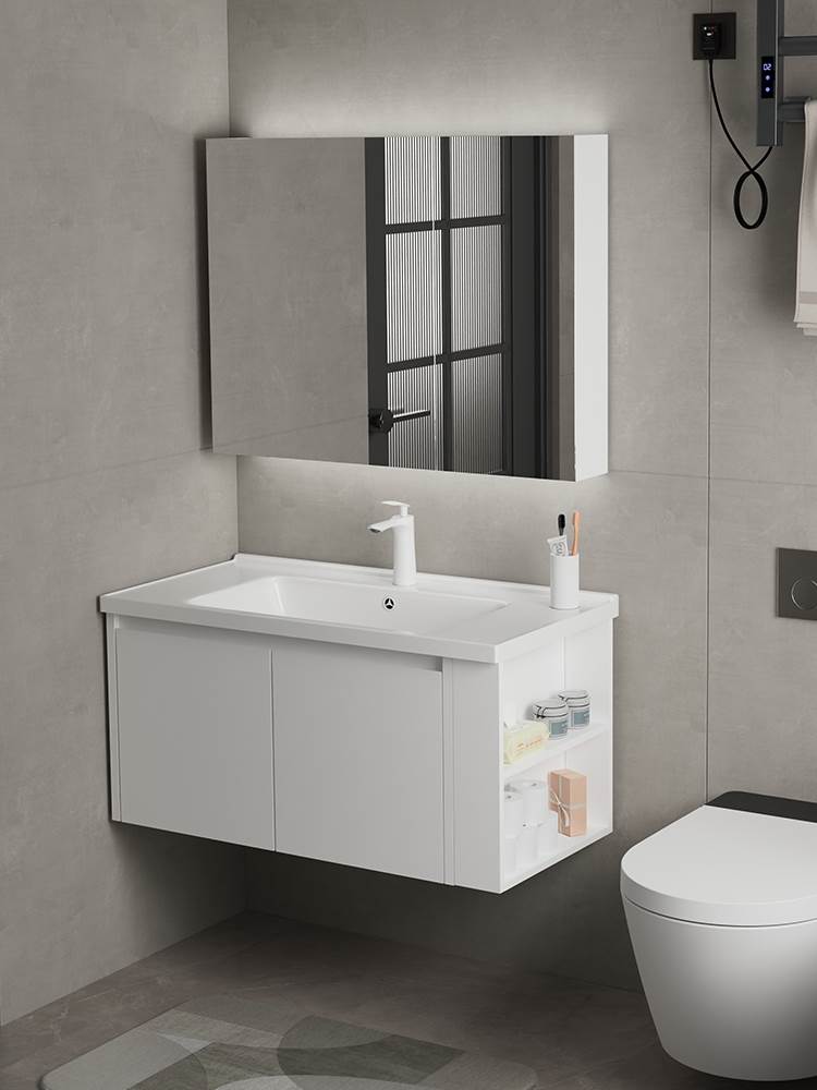 新品304智能不锈钢浴室柜组合白色简约卫生间洗手洗脸面盆镜柜洗