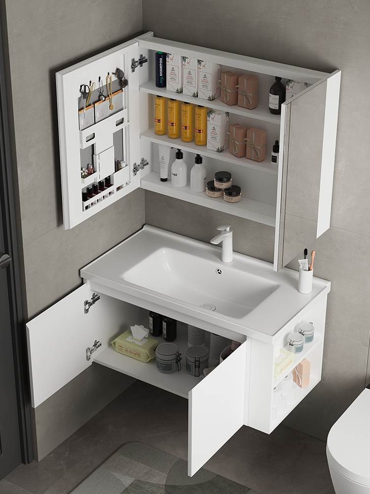 新品高档智能304不锈钢浴室柜组合白色简约卫生间洗手洗脸面盆镜