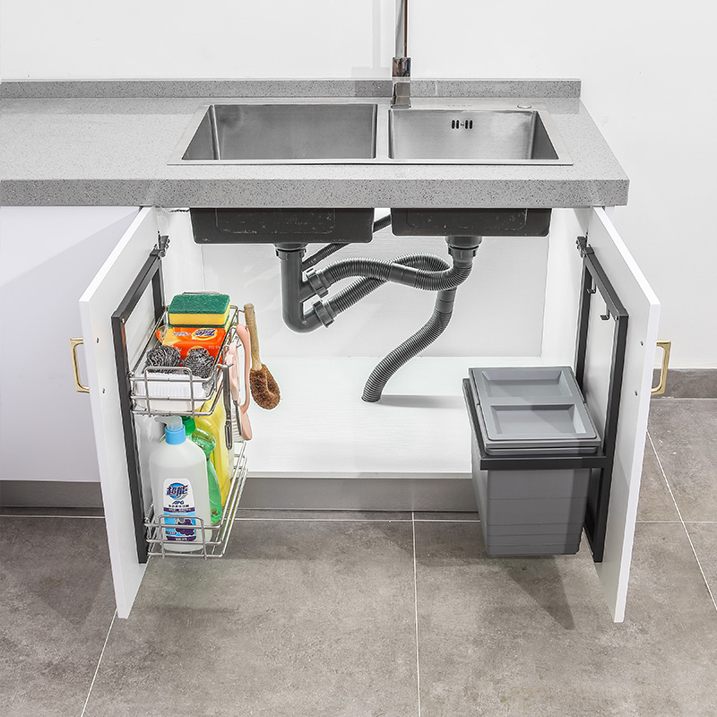 铂洛格厨房家用带盖橱柜水槽下不锈钢置物架篮挂钩分类隐藏垃圾桶