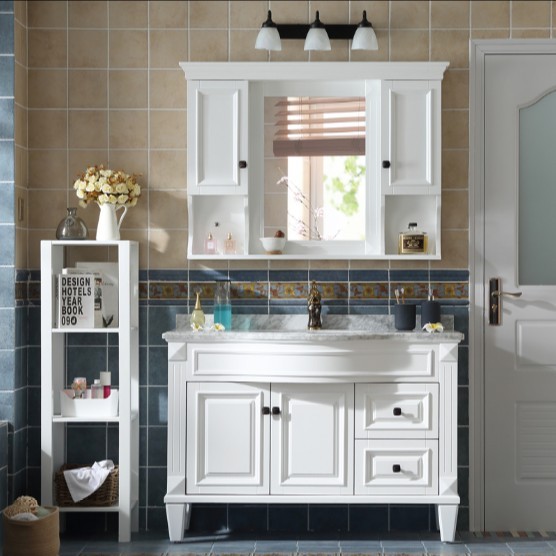 简约美式浴室柜镜柜组合大理石洗脸台盆柜落地式橡木卫生间卫浴柜