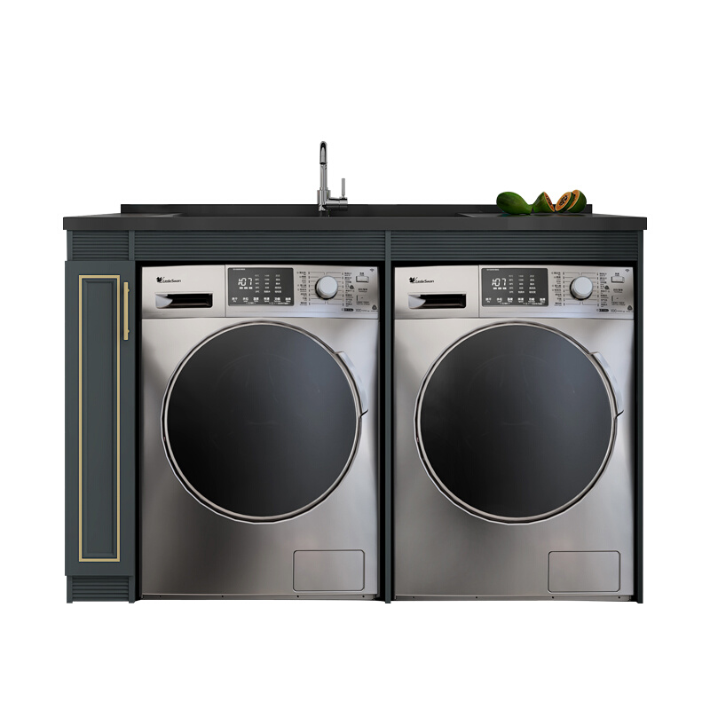 太空铝阳台双洗衣机柜带搓衣板双机位台上盆洗衣池一体柜组合定制