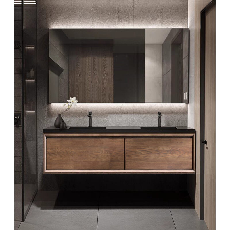 美式橡木复古浴室柜组合智能镜柜岩板陶瓷一体洗漱台洗手池洗脸盆