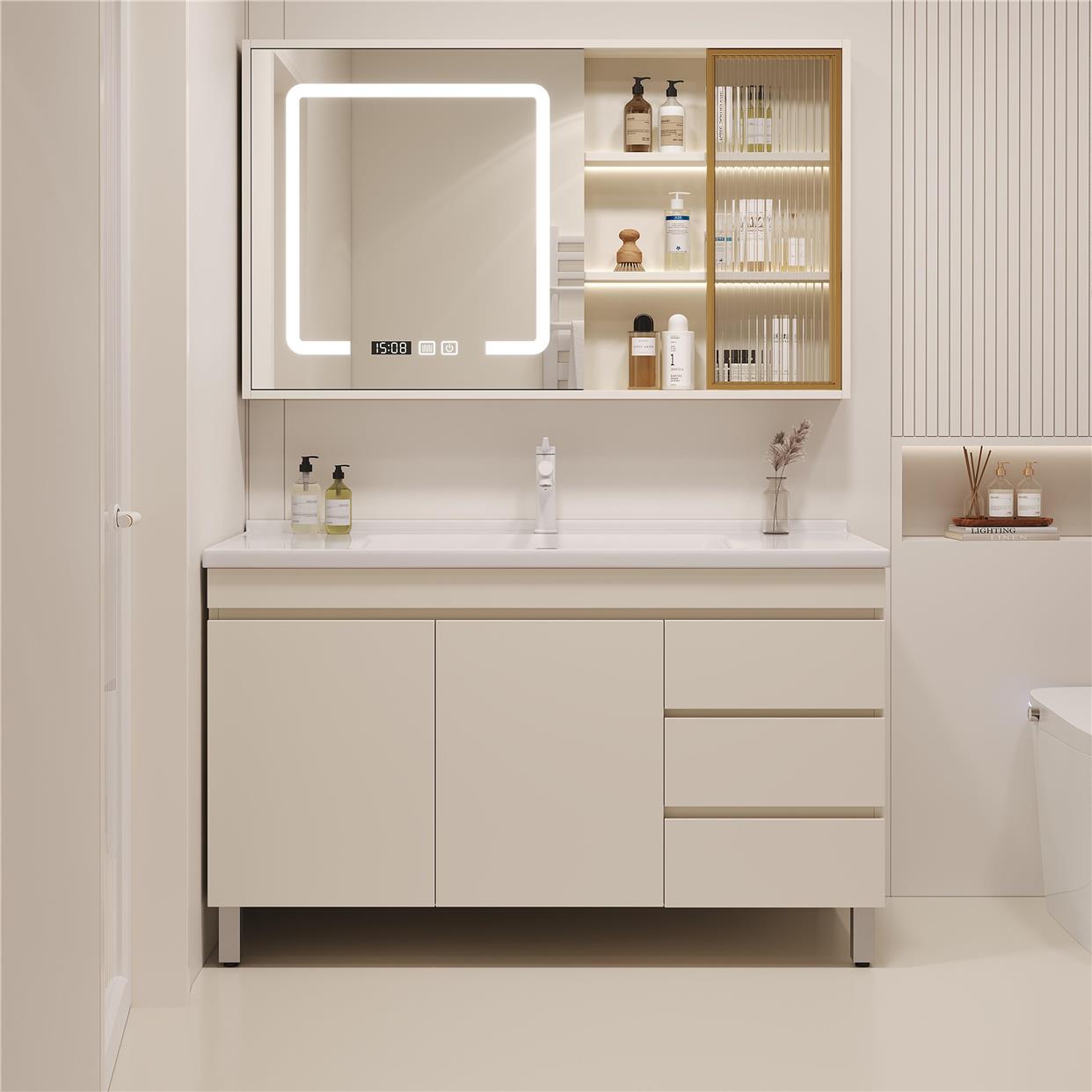实木浴室柜陶瓷一体盆组合卫生间洗漱台卫浴柜落地式智能镜洗手洗