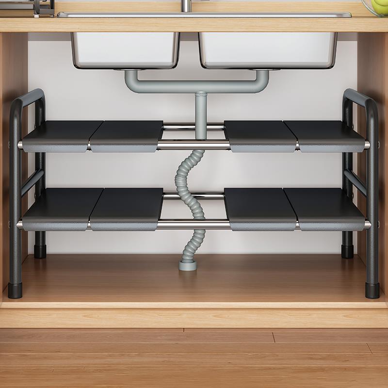 可伸缩厨房置物架家用多层锅具收纳架下水槽橱柜内柜子分层放锅架