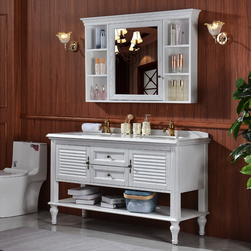 实木美式浴室柜组合红橡木卫生间落地式卫浴洗漱台T面盆洗手脸盆