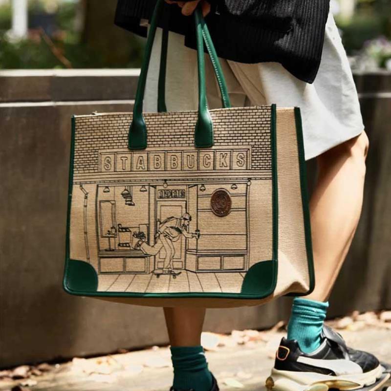 新款潮麻布购物袋彩绘艺术原宿文艺大包托特包女大容量单肩手提包