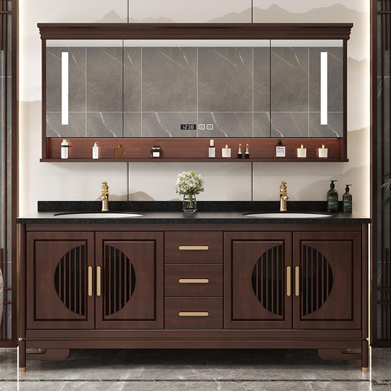 新中式橡木岩板智能镜柜浴室柜组合洗脸洗手面盆洗漱台一体陶瓷盆
