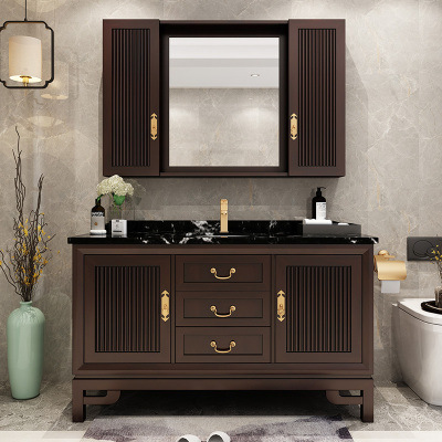 新中式橡木落地式浴室柜大理石台面实木洗漱台洗脸盆浴室柜组合