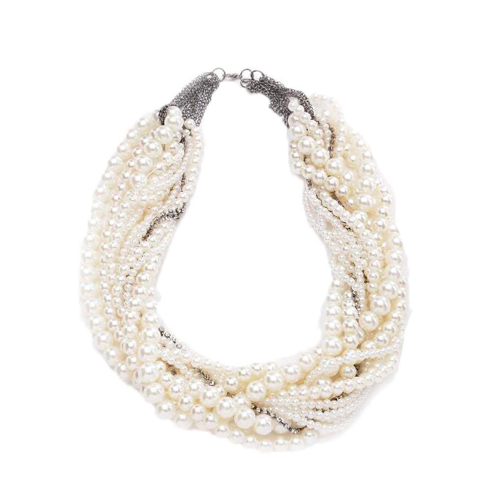 多层白色珍珠编织项链欧美夸张水钻链条麻花锁骨链百搭