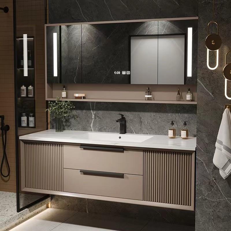 新款卫浴岩板浴室柜无缝衔接一体盆洗漱台橡木洗手脸组合智能镜柜