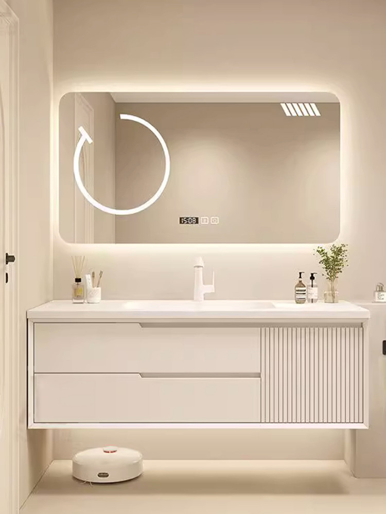 进口可丽耐一体盆奶油风浴室柜组合智能镜无缝陶瓷盆卫生间洗漱台