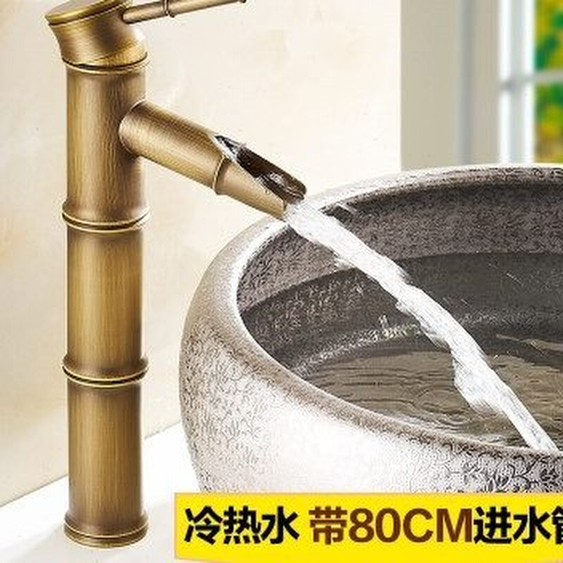铜面盆龙头仿古水龙头竹节方形碗盆进水洗手台水嘴古铜色碗