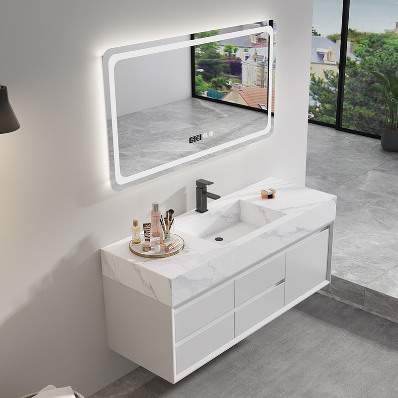 现代轻奢岩板一体盆实木浴室柜组合智能镜卫生间洗漱洗手洗脸台盆