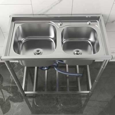 新款厨房304不锈钢洗菜盆水槽单槽双槽加厚大号家用带支架一体洗