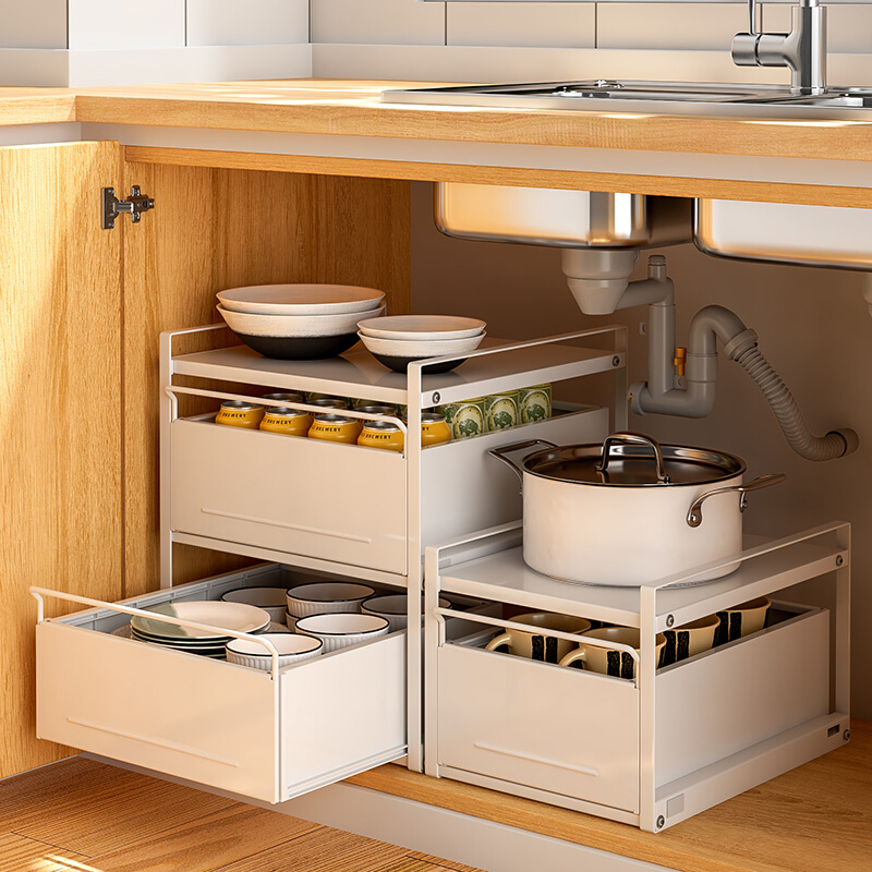 厨房橱柜内置抽拉式置物架拉篮免打孔碗盘碗碟收纳架下水槽分层架