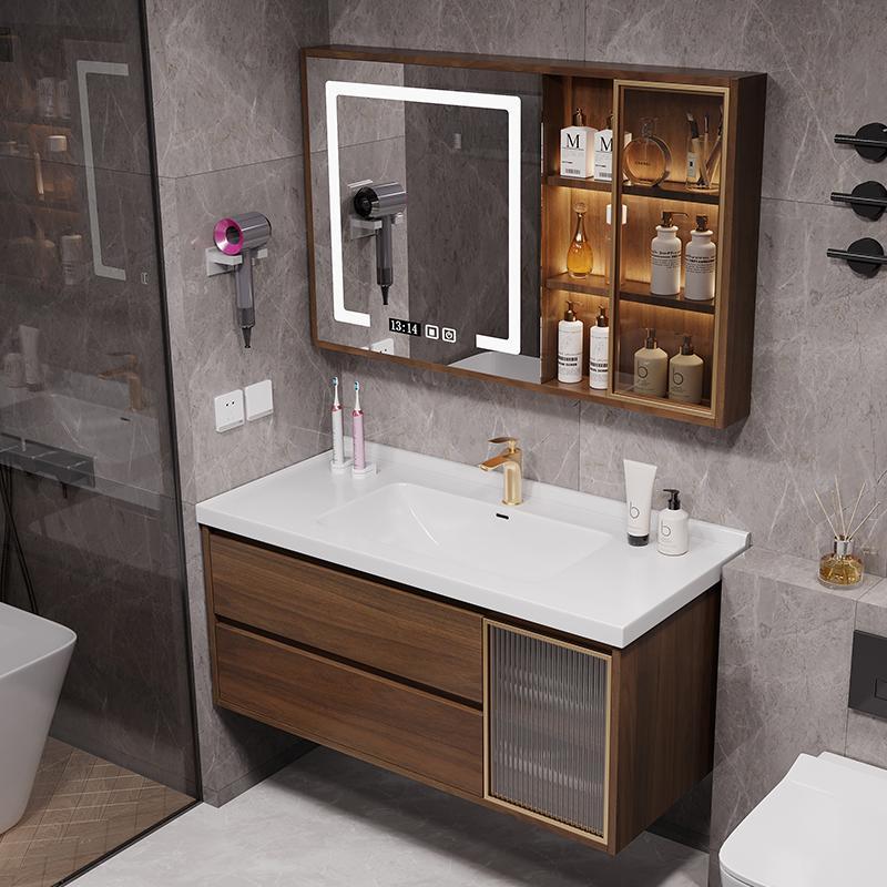 。新中式胡桃木色陶瓷一体盆浴室柜组合卫生间洗手盆洗脸盆柜洗漱