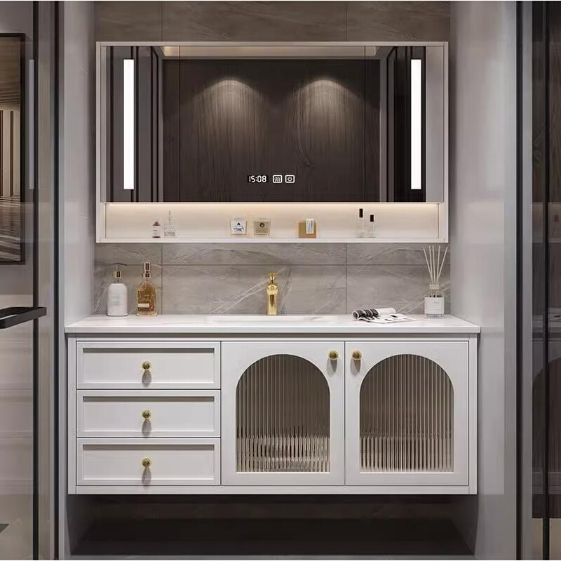美式橡木浴室柜组合简约卫生间岩板双盆洗脸手池洗漱台烤漆卫浴柜