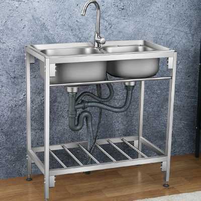 厨房不锈钢水槽双槽带支架洗菜盆简易洗碗池落地加厚洗碗槽水池子