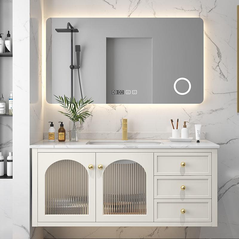 美式岩板浴室柜吊柜橡木卫浴智能镜柜组合北欧实木现代洗脸盆