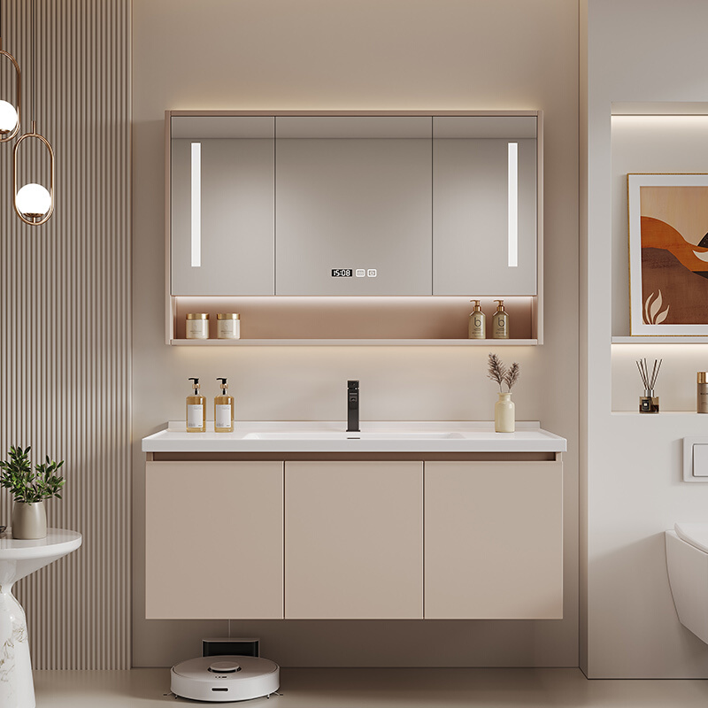 新款实木智能浴室柜陶瓷一体盆卫生间挂墙式洗脸洗手盆柜组合洗漱