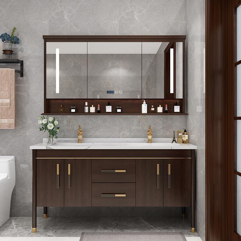 现代中式橡木浴室柜陶瓷岩板一体盆洗手台洗脸盆智能卫浴落地组合